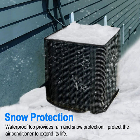 All Seasons Outdoor AC Unit Cover With Detachable Waterproof Top, No Fuss Full Mesh Breathable Design Keeps Your AC Ventilated And Protected From Rain Snow Leaves And Cottonwood, Size 35.4 By 35.4 By 39.4 Inches covering AC unit in snow scene