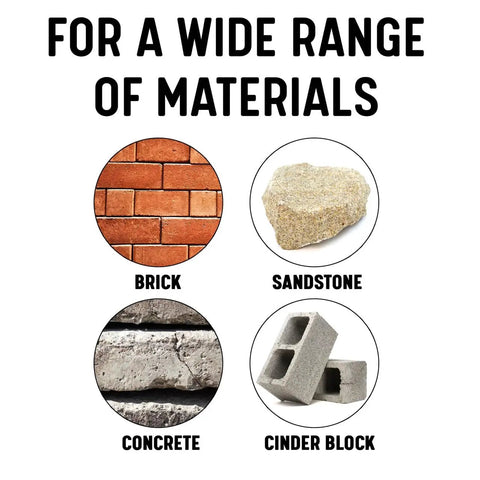 Image showcasing masonry materials like brick, sandstone, concrete, and cinder block for Heavy Duty Carbide Tipped Concrete Masonry Drill Bit 5/32X3-1/2 Inch Round Shank.