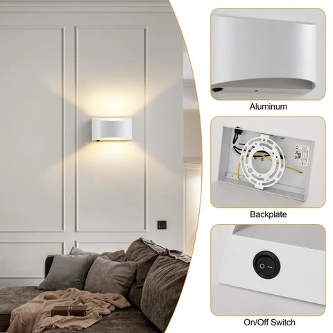 LED Wall Sconces Hardwired with On/Off Switch, Modern Wall Light, White mounted above a couch, showcasing aluminum finish and built-in switch.