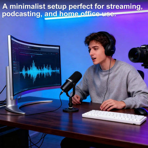 Real Deal Desktop Microphone Stand Crafted For Shure Mv7 Series Models in a compact streaming setup on a desk.