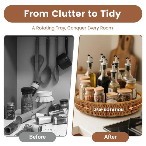 Before and after using Go To 12 Inch Rattan Lazy Susan Organizer Rotating Serving Tray With Handles For Kitchen Counter Cabinet