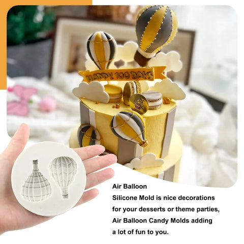 Hot Air Balloon Silicone Fondant Molds Set Of 4 For Cake Decorating And Cupcake Toppers displayed with cake example