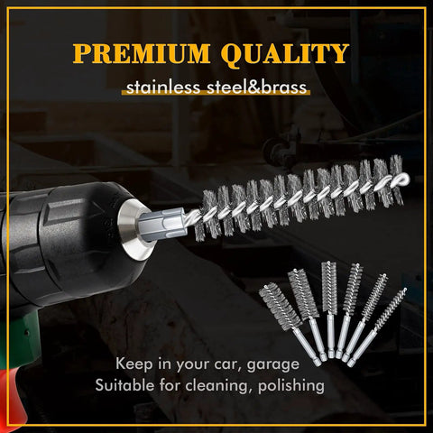 12 Piece Bore Brush Set For Drill With Stainless Steel And Brass Brushes, One Quarter Inch Hex Shanks displayed with drill