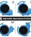 Half HP Carpet Dryer Fan With 2600 CFM Air Blower For Fast Home Drying, ETL Listed, showing adjustable operational positions