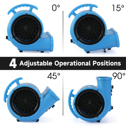 Half HP Carpet Dryer Fan With 2600 CFM Air Blower For Fast Home Drying, ETL Listed, showing adjustable operational positions