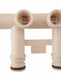 Beige water softener bypass valve with 1 inch threaded connections, T-shaped, suitable for DIY installation, sturdy and durable design.