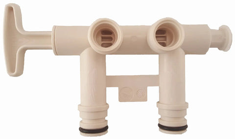 Beige water softener bypass valve with 1 inch threaded connections, T-shaped, suitable for DIY installation, sturdy and durable design.
