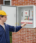 Technician inspecting Durable Outdoor Electrical Box Lockable Enclosure, IP55 Waterproof NEMA Steel Case with hinged door.