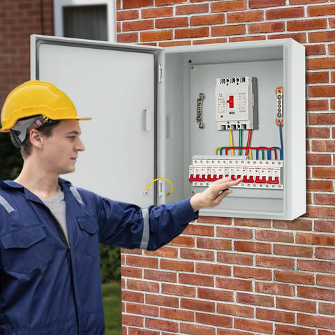 Technician inspecting Durable Outdoor Electrical Box Lockable Enclosure, IP55 Waterproof NEMA Steel Case with hinged door.