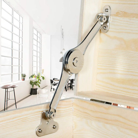 Beefy Heavy Duty Lid Support Hinges Soft Close Folding Lid Stay installed on wooden cabinet lid.
