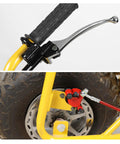 Beefed-Up Mini Bike Hydraulic Disc Brake Kit For Baja DB30 with 180mm rotor and master cylinder on handlebar and wheel assembly view