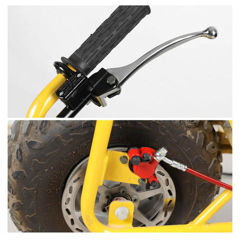 Beefed-Up Mini Bike Hydraulic Disc Brake Kit For Baja DB30 with 180mm rotor and master cylinder on handlebar and wheel assembly view
