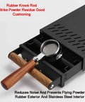 Sturdy Espresso Knocker Drawer And Coffee Knock Box With Shock Absorbing Removable Knock Bar Made From Durable Rubber And Steel, showing rubber knock rod and portafilter.