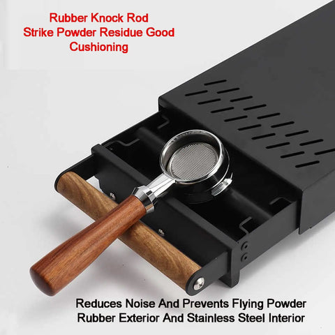 Sturdy Espresso Knocker Drawer And Coffee Knock Box With Shock Absorbing Removable Knock Bar Made From Durable Rubber And Steel, showing rubber knock rod and portafilter.