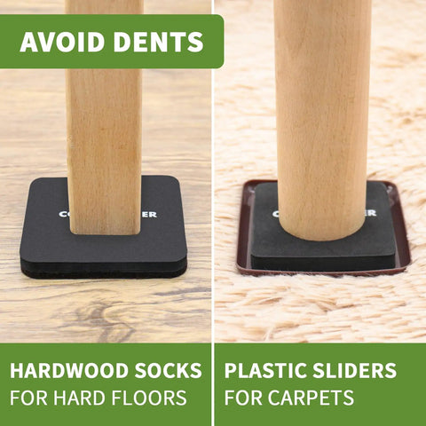 Eight Piece Square Furniture Sliders Pack for Hardwood Floors and Carpet, Three And A Half Inch Brown Moving Pads in use