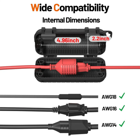 Heavy Duty Outdoor Extension Cord Cover IP54 Water Resistant Protector For Plug Outlets And Holiday Lights Cord Connection Safety Box Weatherproof Electrical Box For Indoor And Outdoor Use Black, internal dimensions 4.96 x 2.2 in, fits AWG14/16/18 cords