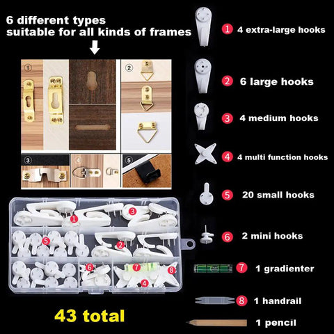 Image of Traceless Wall Hangers 40 Piece Set, Invisible Nail Hooks with 6 types, shown in case, includes extra-large to mini hooks.