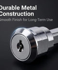 Hefty Silver Universal Cam Lock For Toolboxes Cabinets And Furniture Drawers Featuring Top Shelf 180 Degree Rotation No Fuss Swap Durable Iron Housing close-up of keyed cylinder with smooth finish.