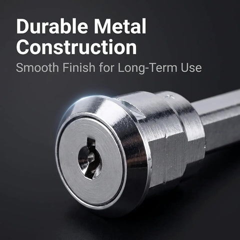 Hefty Silver Universal Cam Lock For Toolboxes Cabinets And Furniture Drawers Featuring Top Shelf 180 Degree Rotation No Fuss Swap Durable Iron Housing close-up of keyed cylinder with smooth finish.
