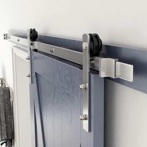 Brushed Nickel Sliding Barn Door Hardware Kit With 6.6-Foot Rail For 36-40 Inch Doors, Quiet Smooth Track, installed view