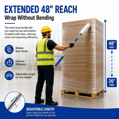Heavy Duty 48 Inch Stretch Film Dispenser Pole Holder Long Handle For Easy Pallet Wrapping Back Saver Workhorse Ergonomic Tool Fits 12 To 20 Inch Film Rolls With 1.5 To 3 Inch Core Ideal Warehouse Packaging, worker wrapping pallet