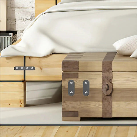 Heavy Duty Stainless Steel Right Angle Brackets Mending Plates Set For Furniture And Shelves on wooden bed and chest