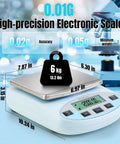 Pro Grade 0.01g Digital Lab Scale With 6000g Capacity For Kitchen Lab Jewelry And Science 13 Unit Conversions Auto Calibration 500g Weights Included High Precision Electronic Balance with stainless steel platform.