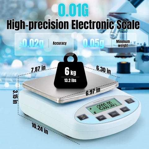 Pro Grade 0.01g Digital Lab Scale With 6000g Capacity For Kitchen Lab Jewelry And Science 13 Unit Conversions Auto Calibration 500g Weights Included High Precision Electronic Balance with stainless steel platform.