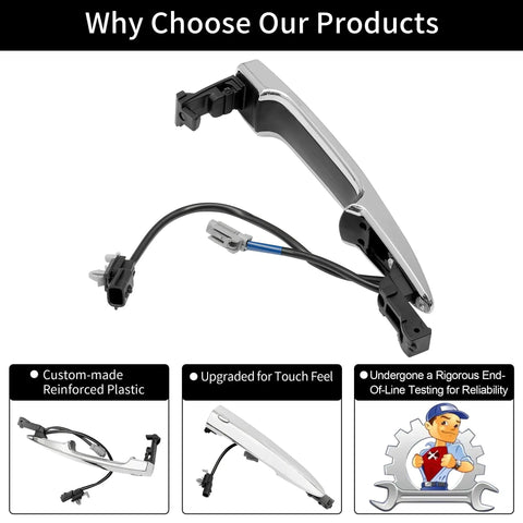 Chrome Driver Side Exterior Door Handle With Sensor And Smart Keyless Entry For Nissan 2009 2018 Sentra Murano Maxima Leaf Front Left Replacement Easy Install OEM Design Plug And Play shown with wiring and connectors