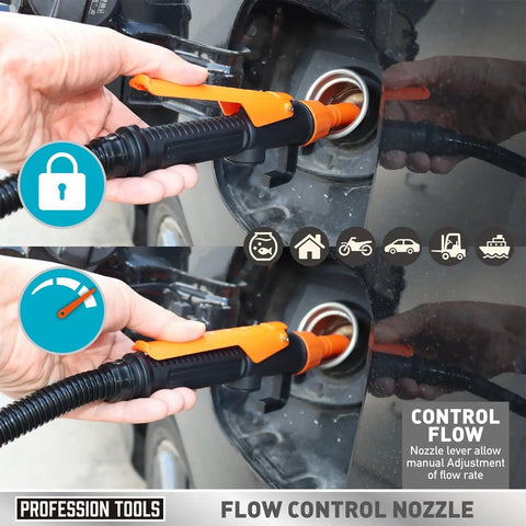 Portable Battery Powered Fuel Transfer Syphon Pump With 90Cm Hose For Petrol Diesel Oil And Water. Squeeze Control Nozzle Prevents Spills And Ensures Safe, Leak Proof Operation. Compact Design Makes It Perfect For On The Go Refueling And Liquid Transfer