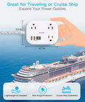Flat Plug Travel Power Strip With Usb C Plus Multiple Outlets Six Foot Cord Cruise Approved Extension, lightweight design in hand with cruise ship backdrop.