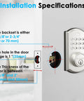 Diagram showing installation specifications for keyless entry smart lock with Bluetooth app control and keypad, digital deadbolt.