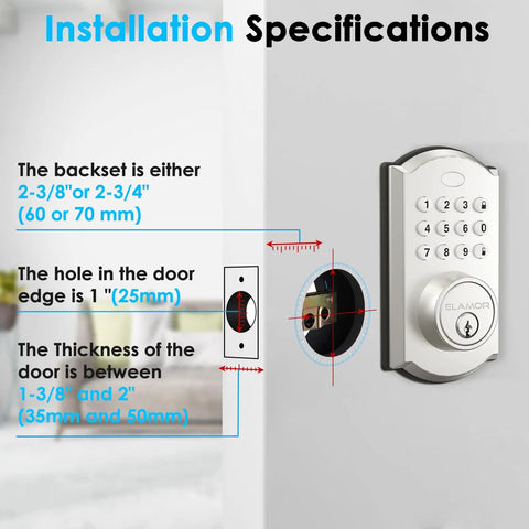 Diagram showing installation specifications for keyless entry smart lock with Bluetooth app control and keypad, digital deadbolt.