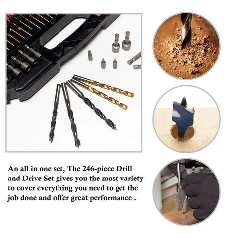 Beast 246-Piece Titanium HSS Drill Bit Set With Carry Case For Metal Wood Masonry And Plastic Drilling displayed with bits