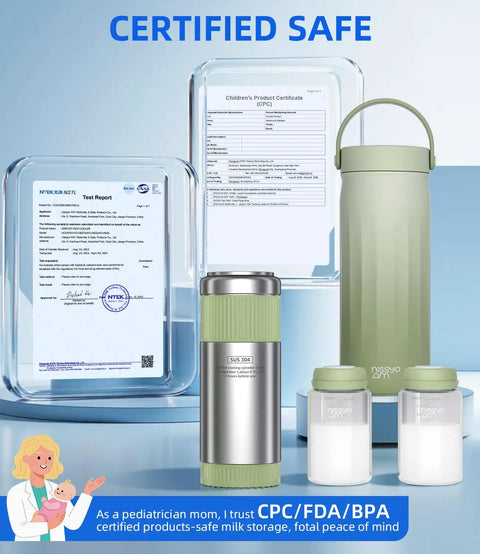 Premium Grab And Go 22 Ounce Stainless Steel Breastmilk Cooler For Travel with certification documents and storage bottles