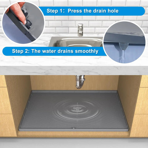 Under Sink Silicone Mat 28 By 22 Inch Waterproof Flexible Liner With Drain Hole Gray for Kitchen Cabinet Showing Drainage Process