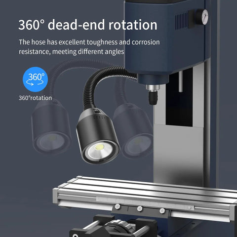 450 Lumen COB LED Work Light With Flexible Gooseneck And Screw Fixed Base for machine tools shown in 360° rotation