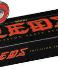 Bones Reds skate bearings, 8mm, 16-pack, metal bearings with red seals on a black Bones box.