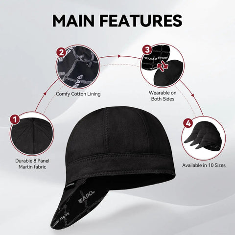 Reversible Welding Cap for Welders, Thick 10 Oz Fireproof Cotton Beanie with 8-Panel Protection, black, main features display