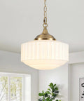 Lumraxsun Vintage Pendant Light Over Kitchen Glass Kitchen Pendant Light with ribbed white glass shade and gold finish in modern kitchen.