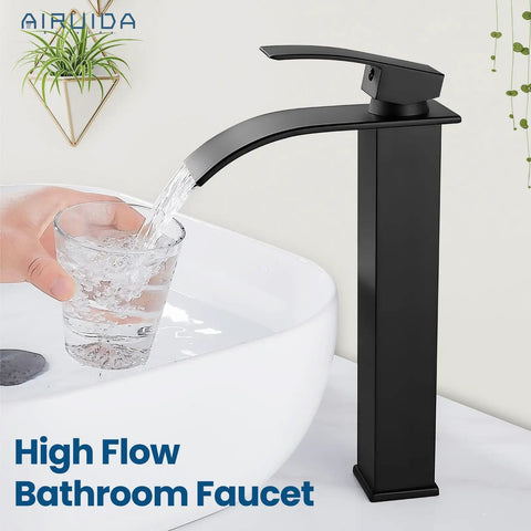 Matte Black Tall Waterfall Vessel Sink Faucet With Large Rectangular Spout Single Handle One Hole Mixer In Use