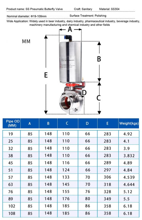 Diagram of 2 Inch SUS304 Tri Clamp Sanitary Pneumatic Dust Butterfly Valve With Single Acting Actuator, dimensions labeled