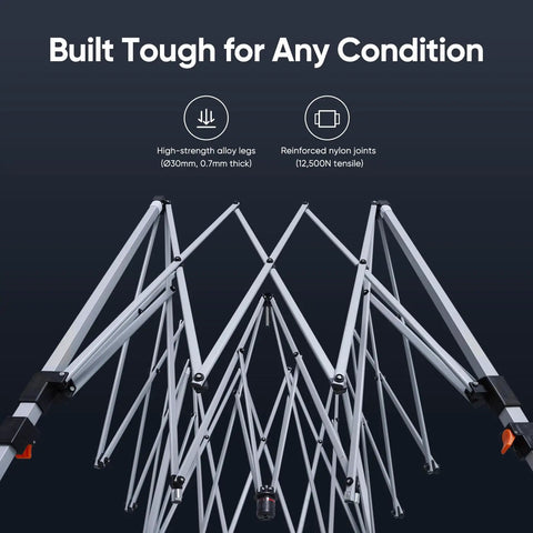 10x10 Pop Up Screened Canopy Tent With Mosquito Netting frame structure, high-strength alloy legs and reinforced nylon joints.