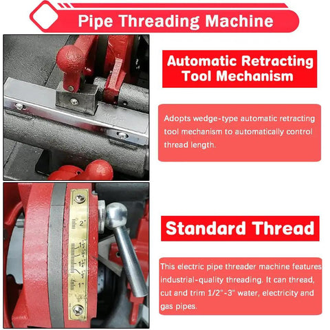 Industrial Strength Electric Pipe Threading Machine And Cutter Tool 1/2 To 2 Inch Npt Dies 110V close-up of automatic retracting tool mechanism and standard thread feature.