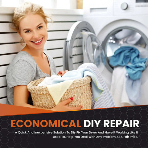 Woman holding laundry basket near dryer with Easy DIY Dryer Drum Rear Bearing Kit And Drive Belt With Idler Arm