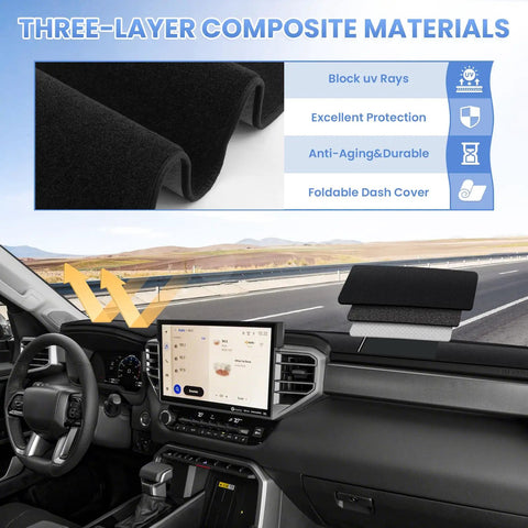 Dash Cover For Toyota Tundra 2022 2023 2024 2025 2026 With Nonslip Mesh Sunshade Dashboard Protector shown inside a truck