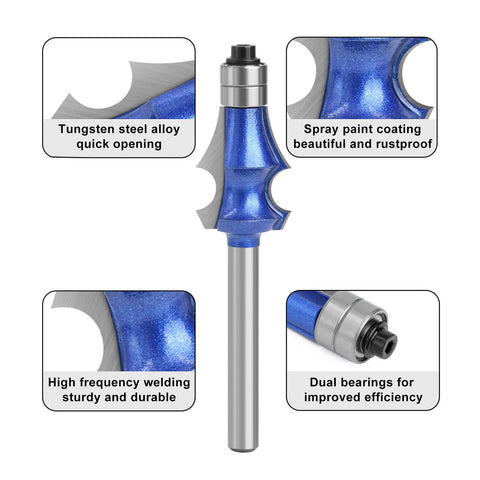 Solid Wood Router Bit 1/4 Inch Shank With Double Bearing For Trimming MDF Plywood And Particle Board Panels, showing durable tungsten steel construction.