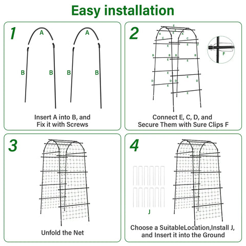 Illustrated installation guide for Heavy Duty Garden Arch Trellis For Climbing Plants with step-by-step assembly instructions.