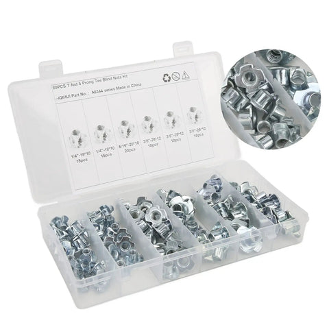 80Pcs T Nuts Threaded Inserts Pronged Tee Nuts Set Built Tough Galvanized Carbon Steel Rustproof Fasteners in a plastic case