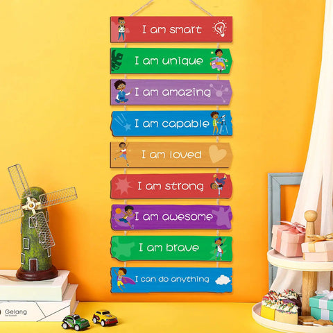 Set Of 9 Rainbow Themed Wood Wall Plaques For Boys Room With Inspirational Quotes Hanging Signs For Kids Bedroom Decor